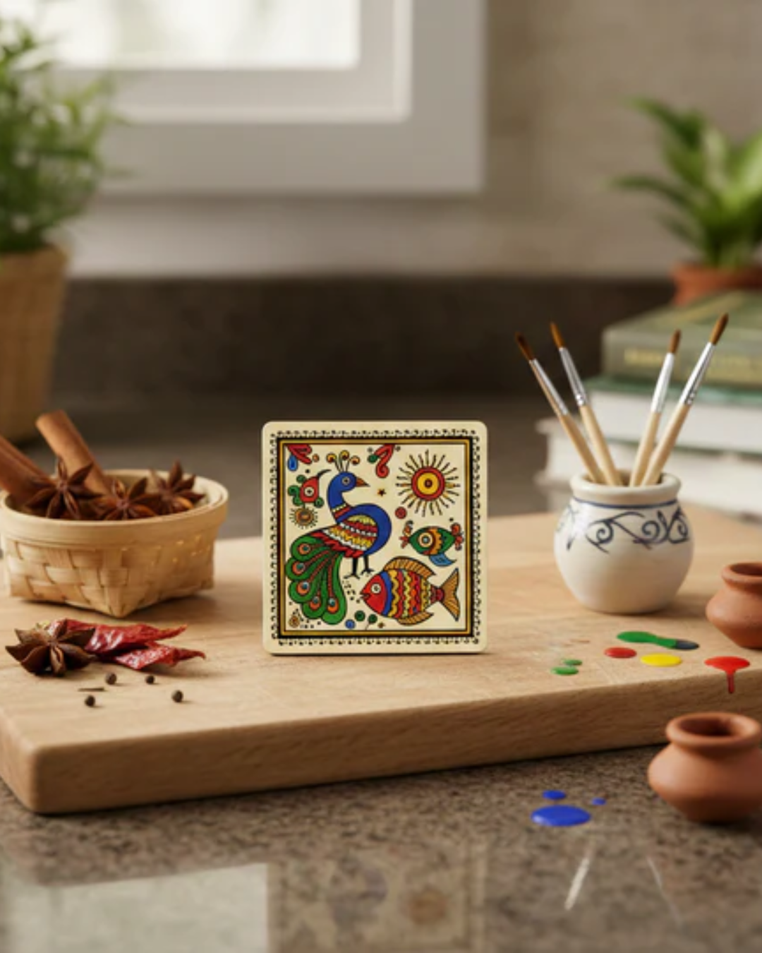 Peacock &amp; Fish Madhubani Fridge Magnet