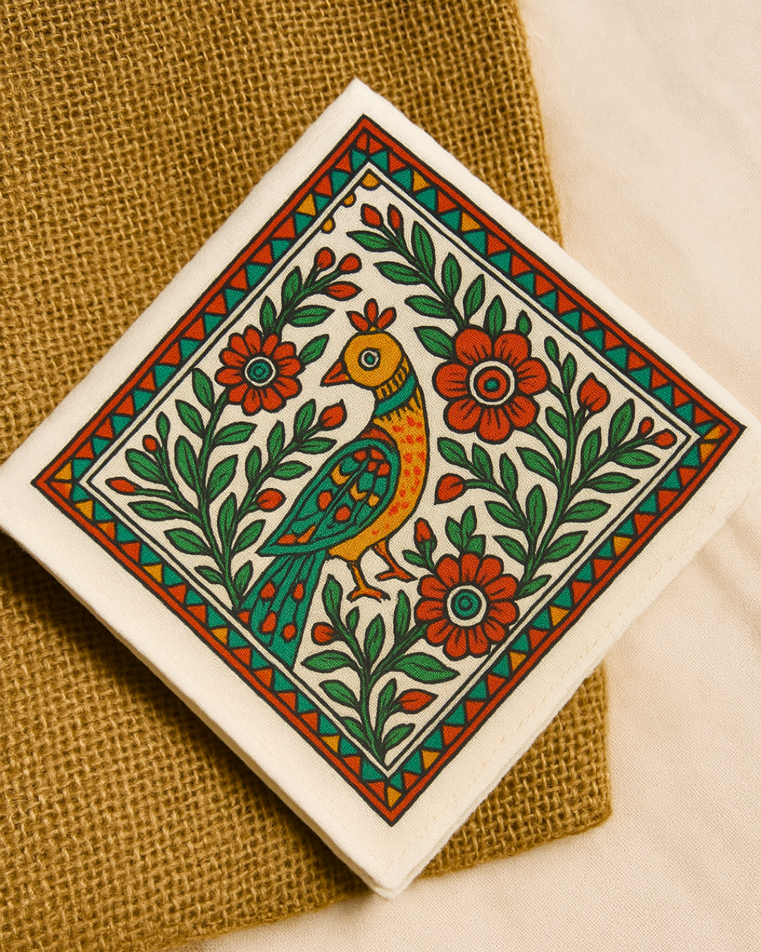 Hand-Painted Madhubani Bird Handkerchief